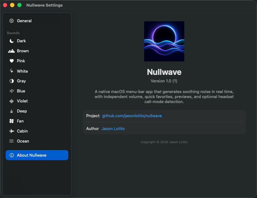 Nullwave Settings in macOS dark appearance, showing its sound library and About page